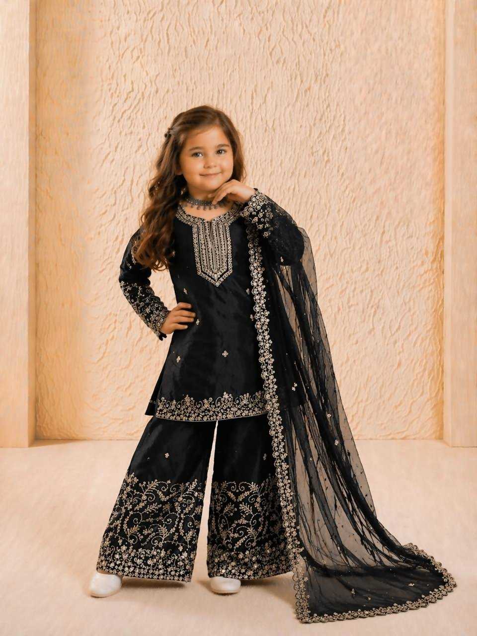 Teeya Creation New Kids Wedding Wear Heavy Embroidery Sequence Work Kurta Sharara Set-Black