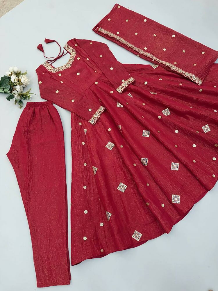 Teeya Creation New Trendy Elegant Red Embroidered Anarkali Suit with Dupatta