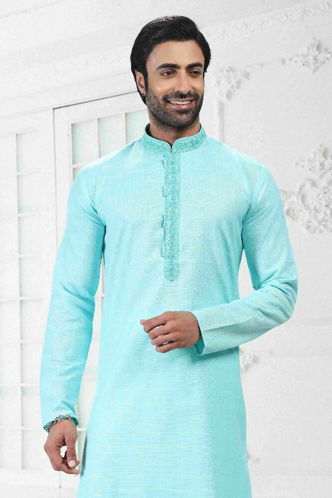 Raivat Ethnic Linen Cotton Thread Work Kurta Pajama In Sky Blue Colour