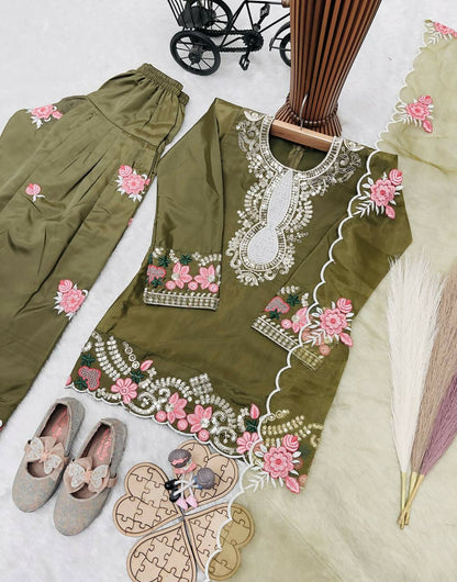 Teeya Creation New Kids Trendy Wedding Wear Traditional Kurta Salwar Set-Green
