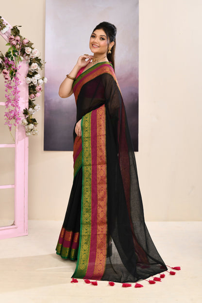 Piyari Fashion Women's Black Embellished Zari Border Cotton Saree
