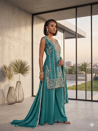 Teeya Creation Womens New Trendy Stylish Heavy Embroiedery With Beads Work Teal Kurta Set