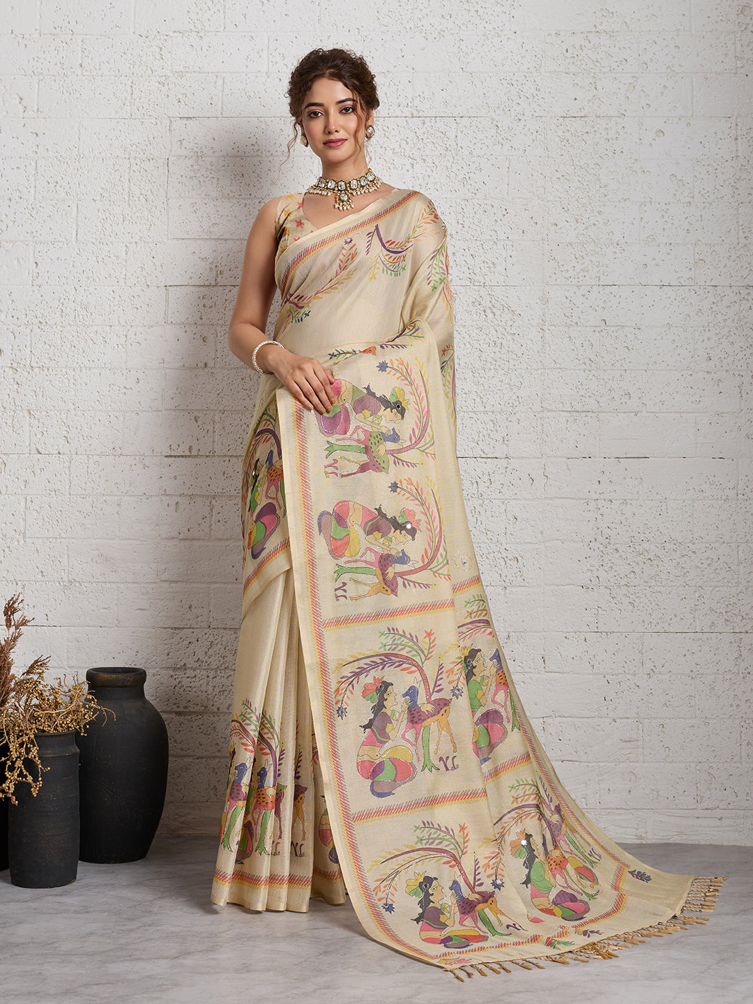Dwija Fashion Women'S Party Wear Digital Printed And Embroidered Linen Designer Saree With Unstitched Blouse-Beige