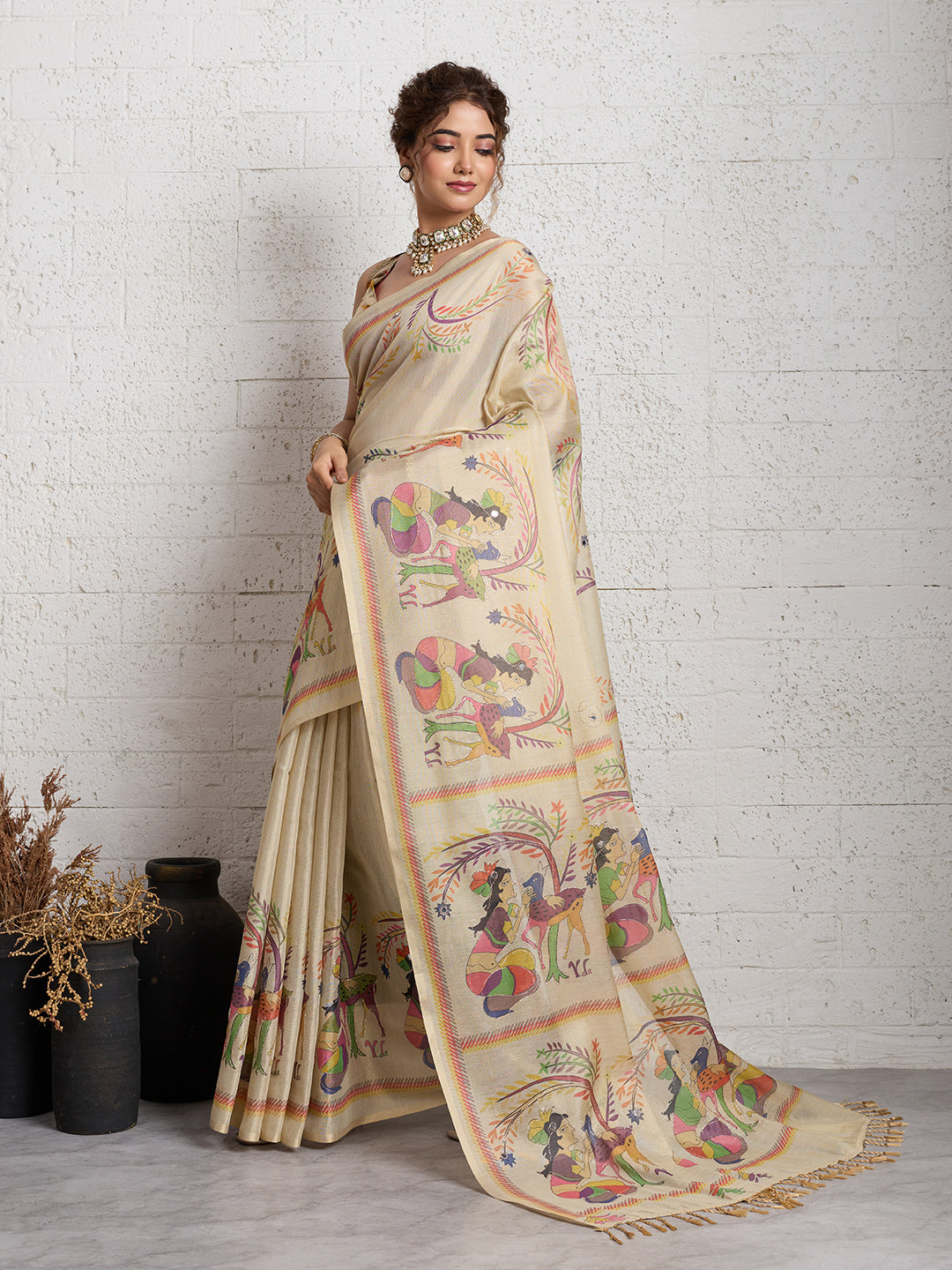 Dwija Fashion Women'S Party Wear Digital Printed And Embroidered Linen Designer Saree With Unstitched Blouse-Beige