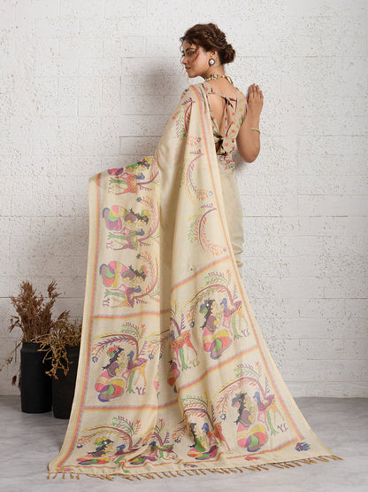 Dwija Fashion Women'S Party Wear Digital Printed And Embroidered Linen Designer Saree With Unstitched Blouse-Beige