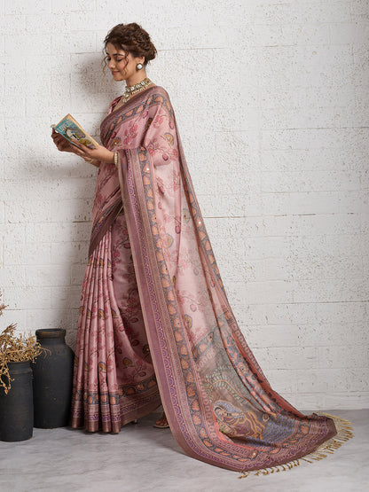 Dwija Fashion Women'S Party Wear Digital Printed And Embroidered Linen Designer Saree With Unstitched Blouse-Pink