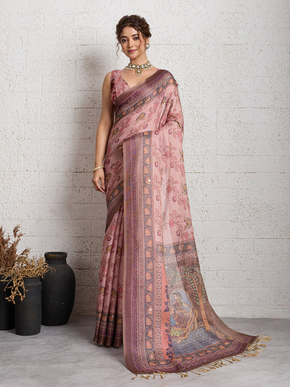 Dwija Fashion Women'S Party Wear Digital Printed And Embroidered Linen Designer Saree With Unstitched Blouse-Pink