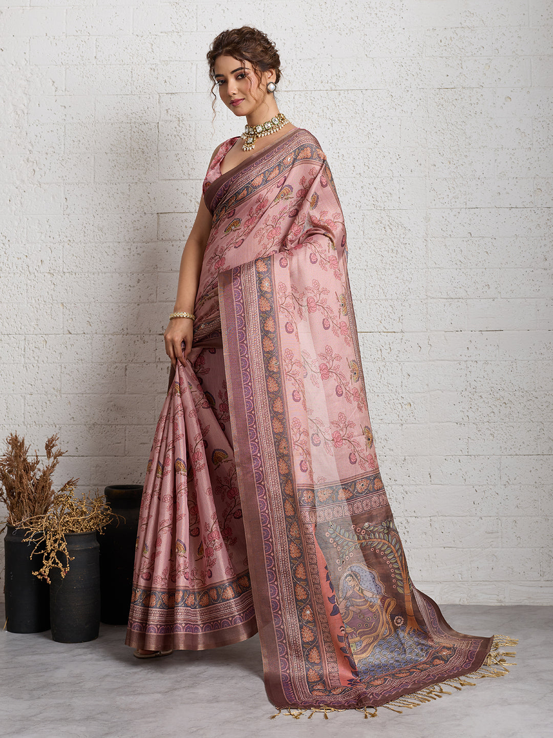 Dwija Fashion Women'S Party Wear Digital Printed And Embroidered Linen Designer Saree With Unstitched Blouse-Pink