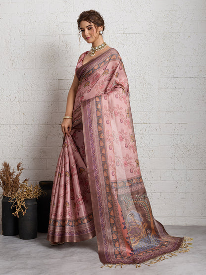 Dwija Fashion Women'S Party Wear Digital Printed And Embroidered Linen Designer Saree With Unstitched Blouse-Pink