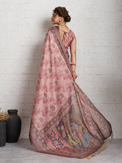 Dwija Fashion Women'S Party Wear Digital Printed And Embroidered Linen Designer Saree With Unstitched Blouse-Pink
