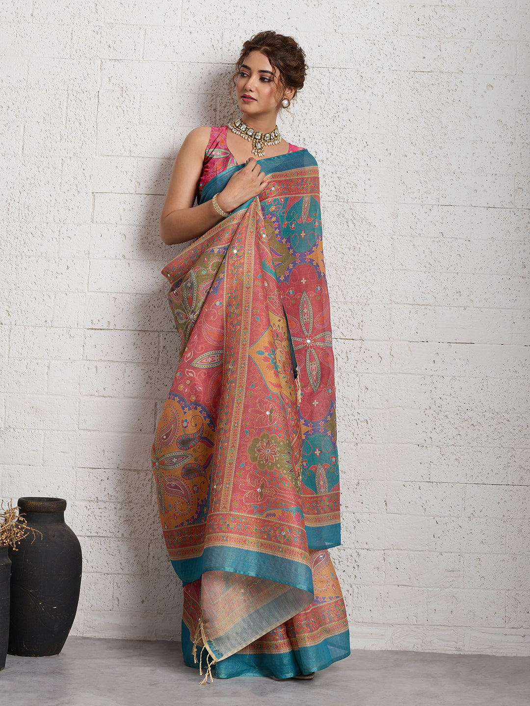 Dwija Fashion Women'S Party Wear Digital Printed And Embroidered Linen Designer Saree With Unstitched Blouse-Multicolor