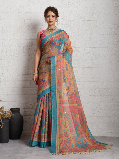 Dwija Fashion Women'S Party Wear Digital Printed And Embroidered Linen Designer Saree With Unstitched Blouse-Multicolor