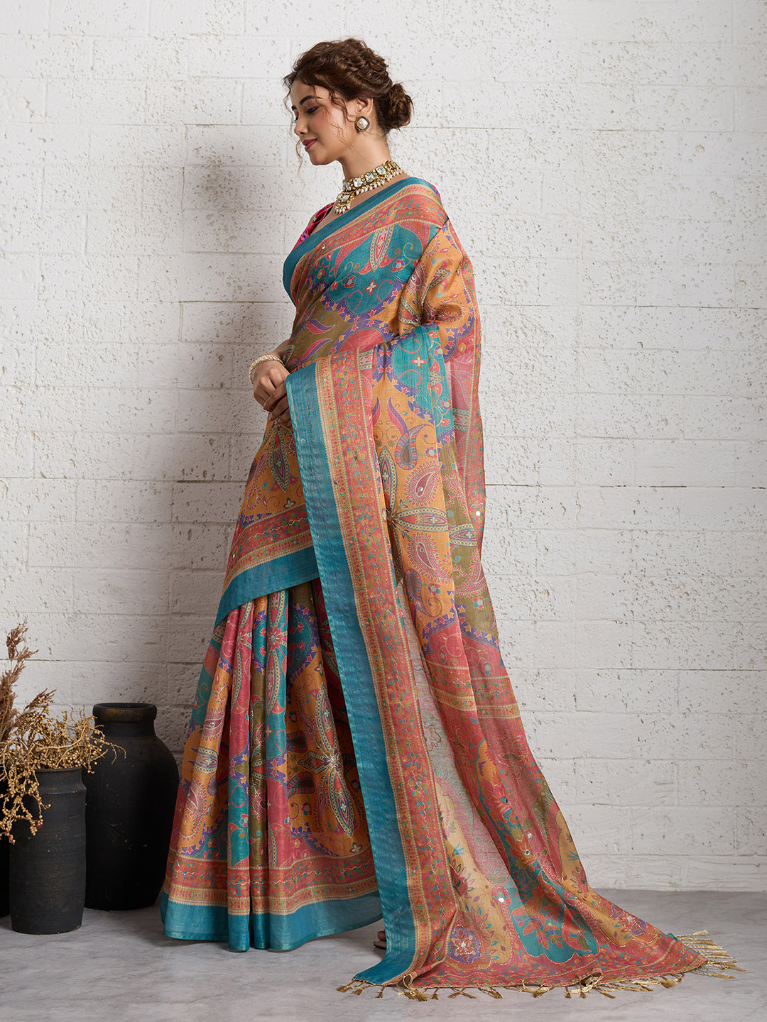 Dwija Fashion Women'S Party Wear Digital Printed And Embroidered Linen Designer Saree With Unstitched Blouse-Multicolor