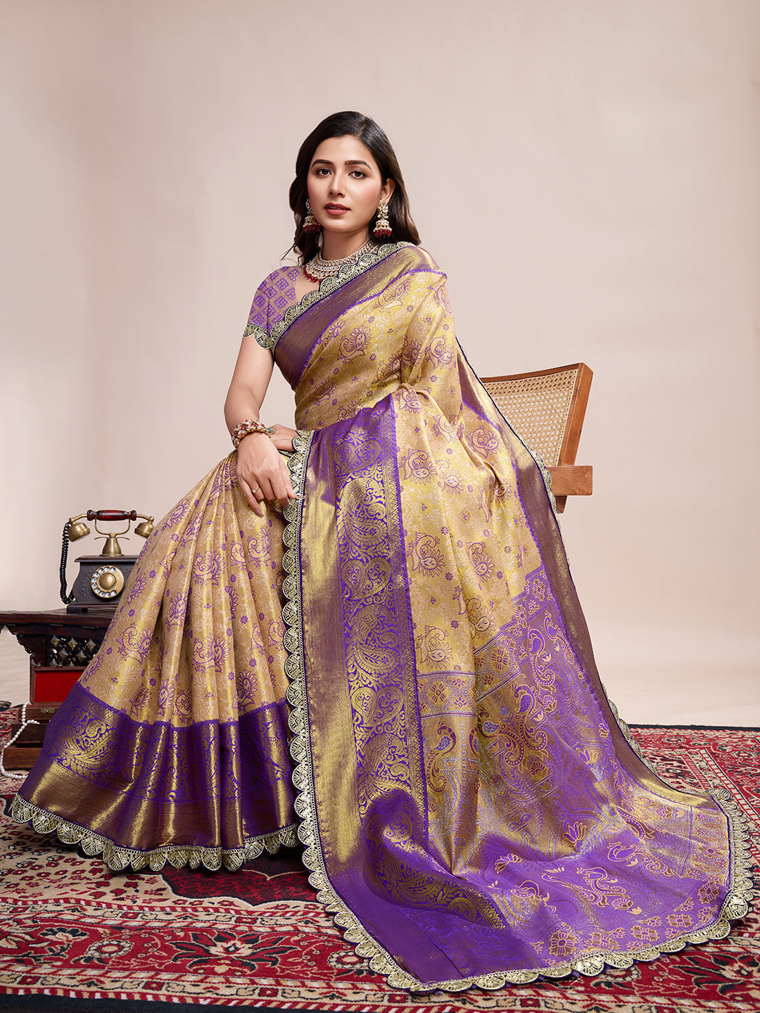Dwija Fashion Golden Wedding Wear Jari Weaving Kanjivaram Silk Saree With Unstitched Blouse