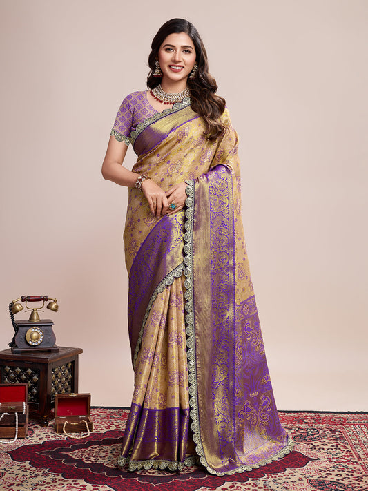 Dwija Fashion Golden Wedding Wear Jari Weaving Kanjivaram Silk Saree With Unstitched Blouse