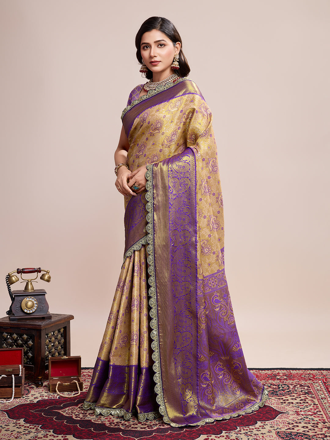 Dwija Fashion Golden Wedding Wear Jari Weaving Kanjivaram Silk Saree With Unstitched Blouse