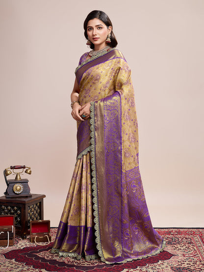 Dwija Fashion Golden Wedding Wear Jari Weaving Kanjivaram Silk Saree With Unstitched Blouse