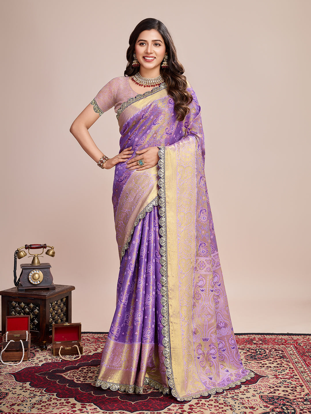 Dwija Fashion Purple Wedding Wear Jari Weaving Kanjivaram Silk Saree With Unstitched Blouse
