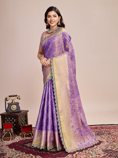 Dwija Fashion Purple Wedding Wear Jari Weaving Kanjivaram Silk Saree With Unstitched Blouse