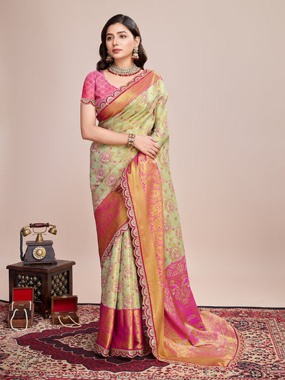 Dwija Fashion Yellow Wedding Wear Jari Weaving Kanjivaram Silk Saree With Unstitched Blouse