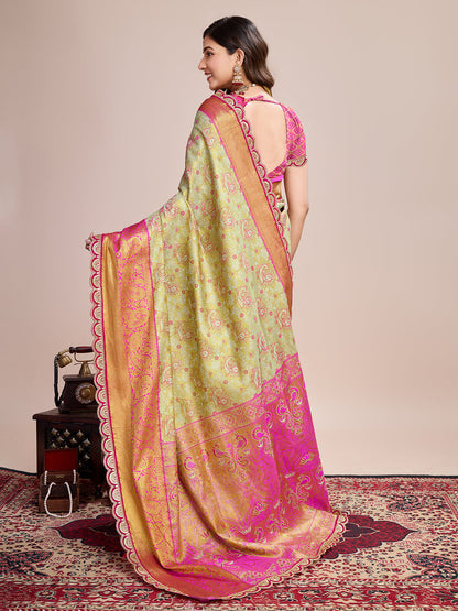 Dwija Fashion Yellow Wedding Wear Jari Weaving Kanjivaram Silk Saree With Unstitched Blouse