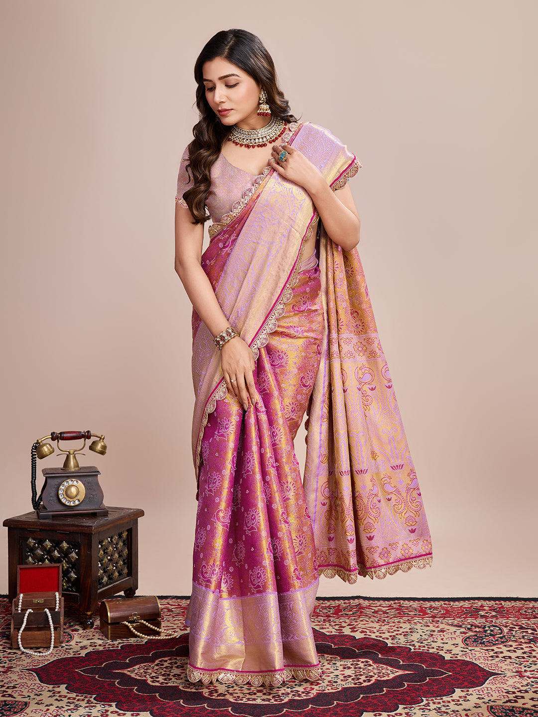 Dwija Fashion Pink Wedding Wear Jari Weaving Kanjivaram Silk Saree With Unstitched Blouse