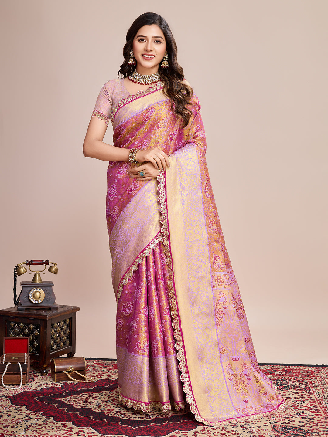 Dwija Fashion Pink Wedding Wear Jari Weaving Kanjivaram Silk Saree With Unstitched Blouse