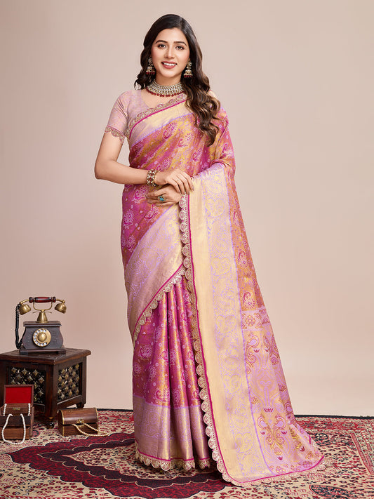 Dwija Fashion Pink Wedding Wear Jari Weaving Kanjivaram Silk Saree With Unstitched Blouse