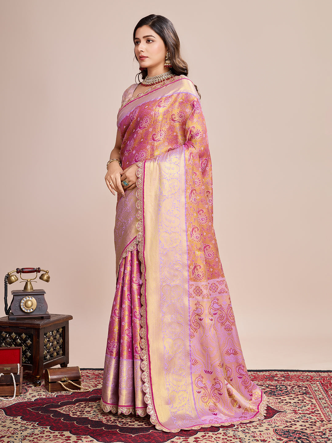 Dwija Fashion Pink Wedding Wear Jari Weaving Kanjivaram Silk Saree With Unstitched Blouse