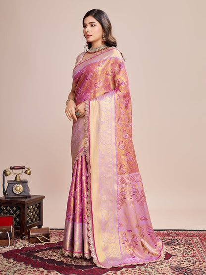 Dwija Fashion Pink Wedding Wear Jari Weaving Kanjivaram Silk Saree With Unstitched Blouse