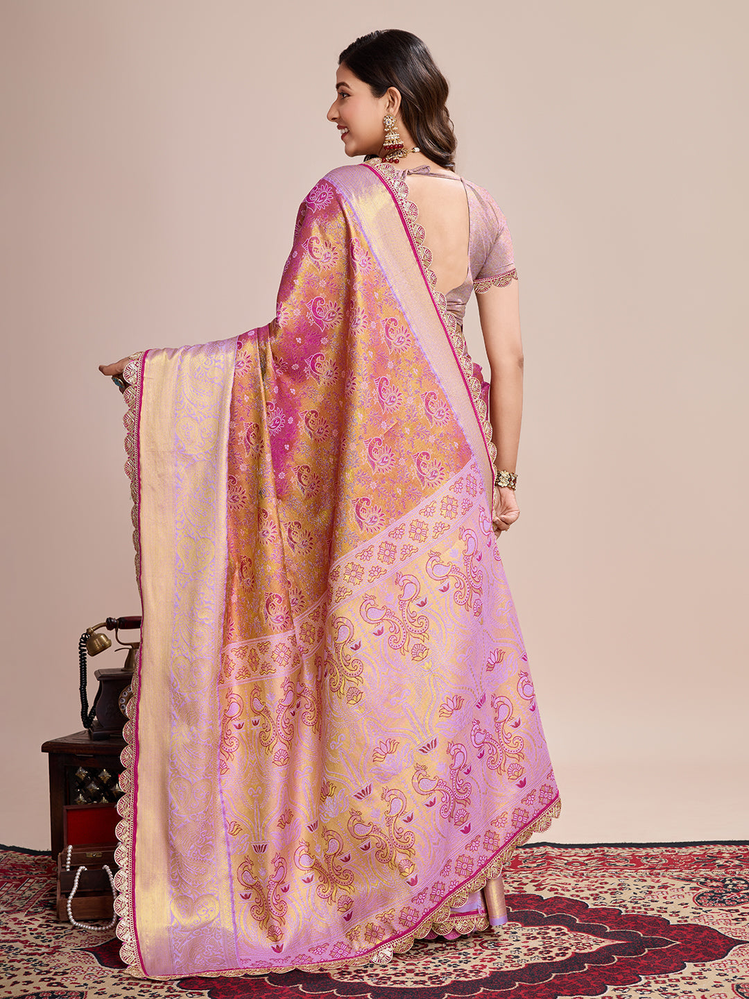 Dwija Fashion Pink Wedding Wear Jari Weaving Kanjivaram Silk Saree With Unstitched Blouse