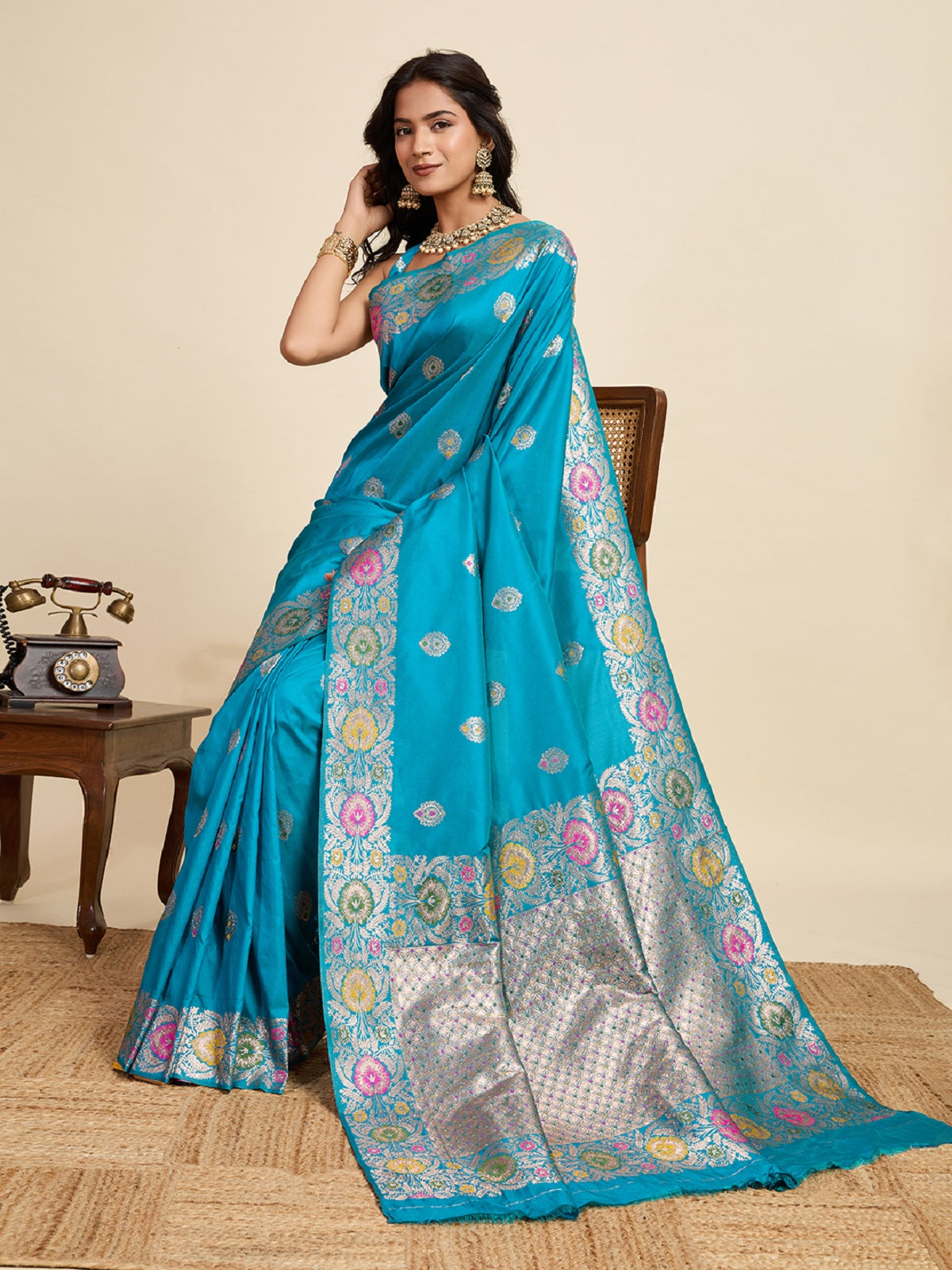 Dwija Fashion Tarquoise Blue Wedding Wear Golden Silver Jari Weaving Work Pure Jacquard Saree With Unstitched Blouse