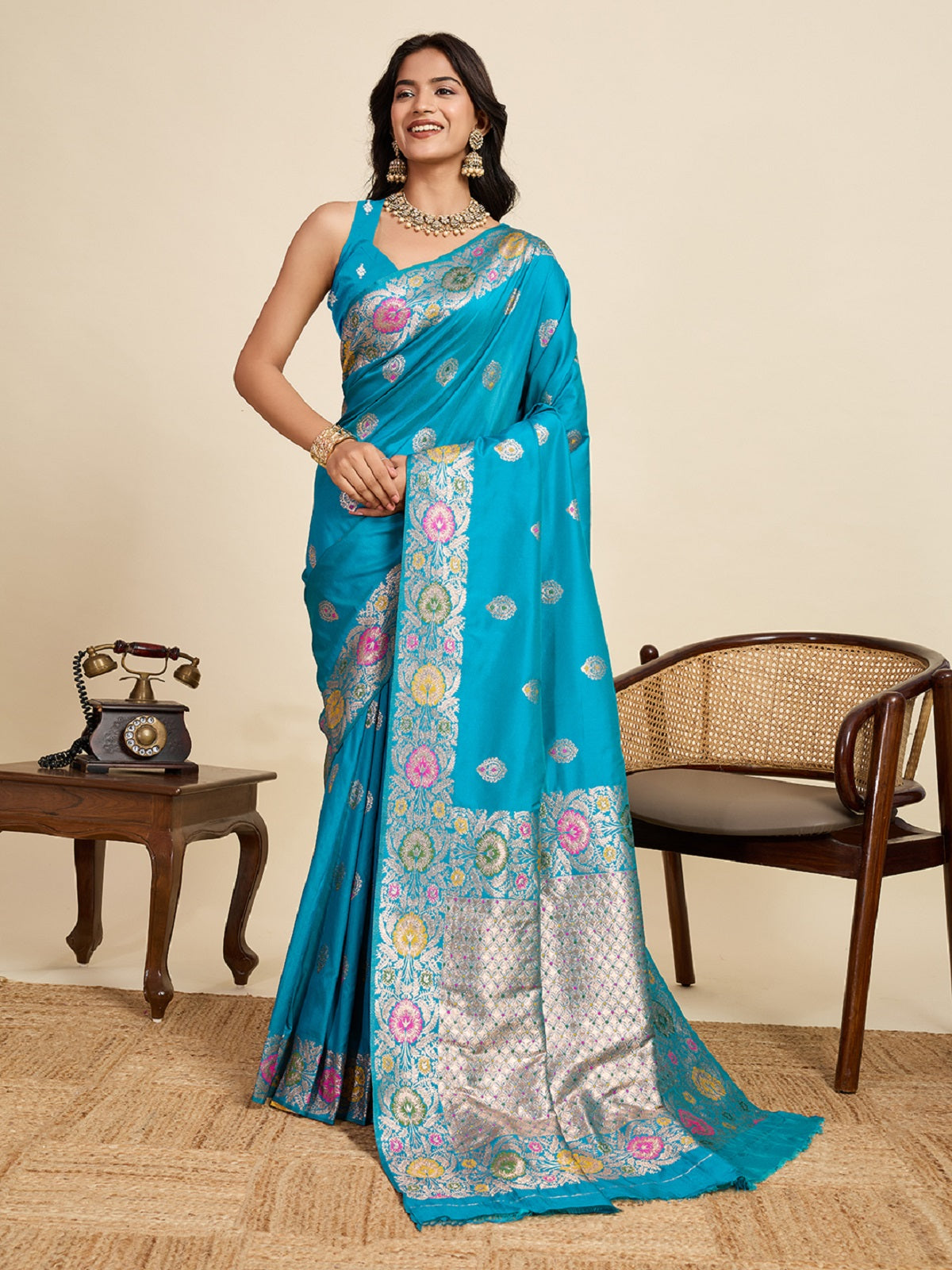Dwija Fashion Tarquoise Blue Wedding Wear Golden Silver Jari Weaving Work Pure Jacquard Saree With Unstitched Blouse