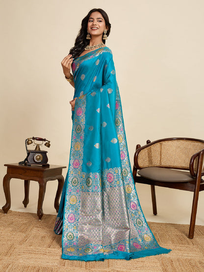 Dwija Fashion Tarquoise Blue Wedding Wear Golden Silver Jari Weaving Work Pure Jacquard Saree With Unstitched Blouse