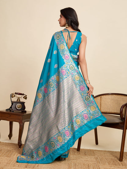 Dwija Fashion Tarquoise Blue Wedding Wear Golden Silver Jari Weaving Work Pure Jacquard Saree With Unstitched Blouse