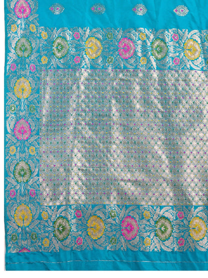 Dwija Fashion Tarquoise Blue Wedding Wear Golden Silver Jari Weaving Work Pure Jacquard Saree With Unstitched Blouse
