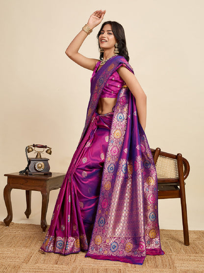 Dwija Fashion Deep Purple Wedding Wear Golden Silver Jari Weaving Work Pure Jacquard Saree With Unstitched Blouse