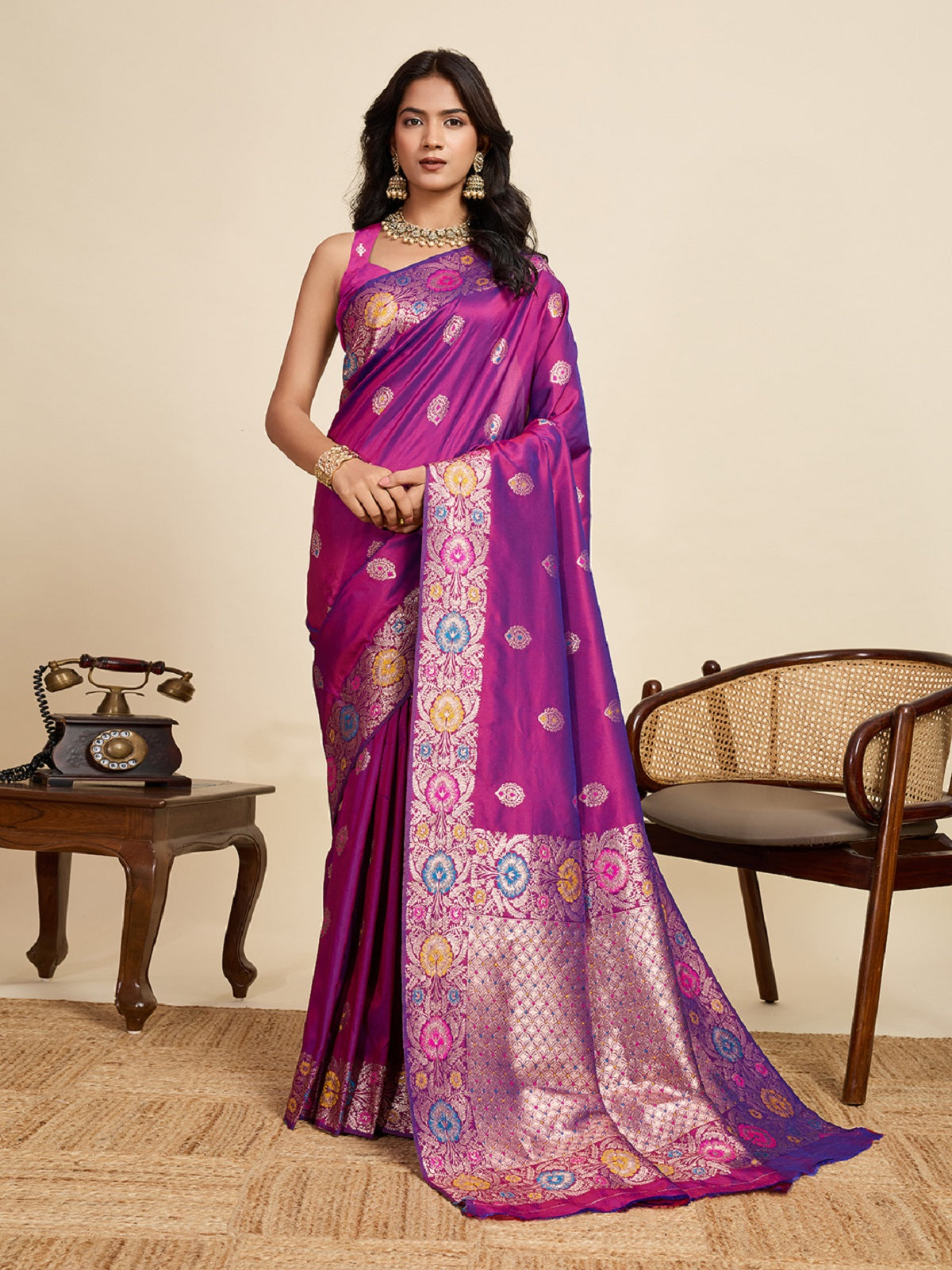 Dwija Fashion Deep Purple Wedding Wear Golden Silver Jari Weaving Work Pure Jacquard Saree With Unstitched Blouse
