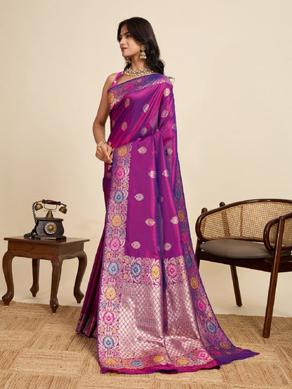 Dwija Fashion Deep Purple Wedding Wear Golden Silver Jari Weaving Work Pure Jacquard Saree With Unstitched Blouse