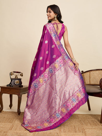 Dwija Fashion Deep Purple Wedding Wear Golden Silver Jari Weaving Work Pure Jacquard Saree With Unstitched Blouse