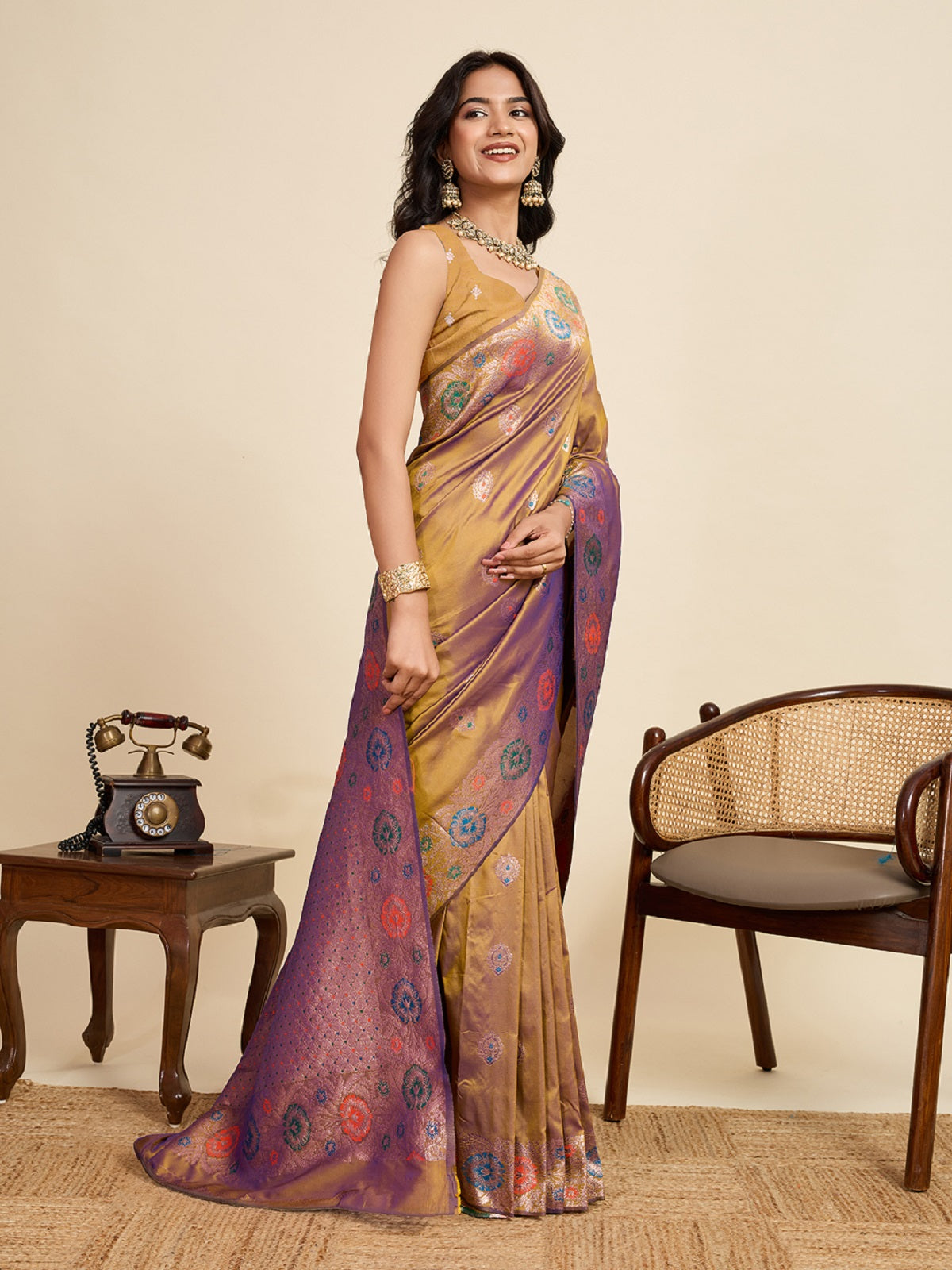 Dwija Fashion Beige Wedding Wear Golden Silver Jari Weaving Work Pure Jacquard Saree With Unstitched Blouse