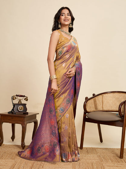 Dwija Fashion Beige Wedding Wear Golden Silver Jari Weaving Work Pure Jacquard Saree With Unstitched Blouse