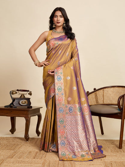Dwija Fashion Beige Wedding Wear Golden Silver Jari Weaving Work Pure Jacquard Saree With Unstitched Blouse