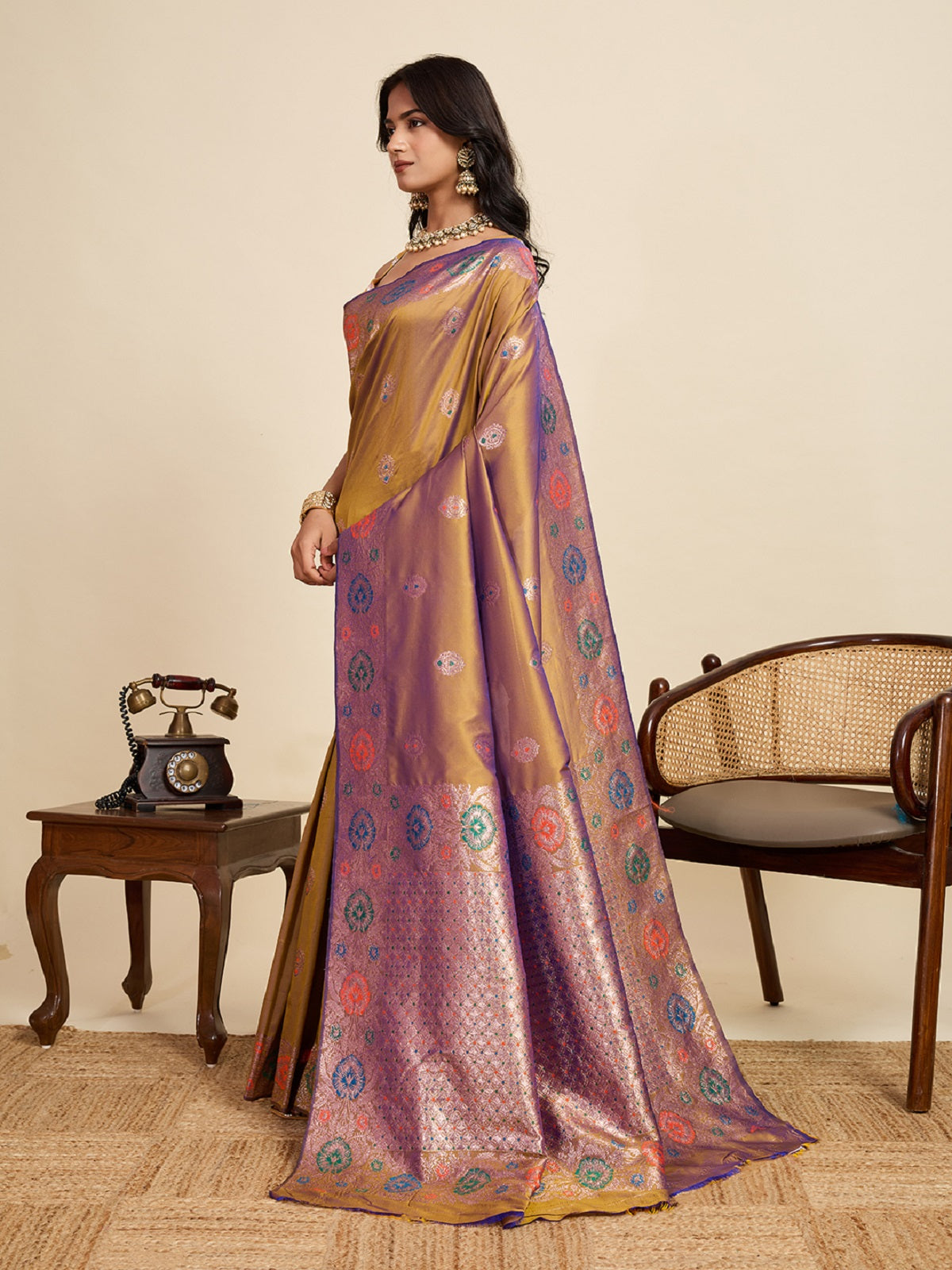 Dwija Fashion Beige Wedding Wear Golden Silver Jari Weaving Work Pure Jacquard Saree With Unstitched Blouse