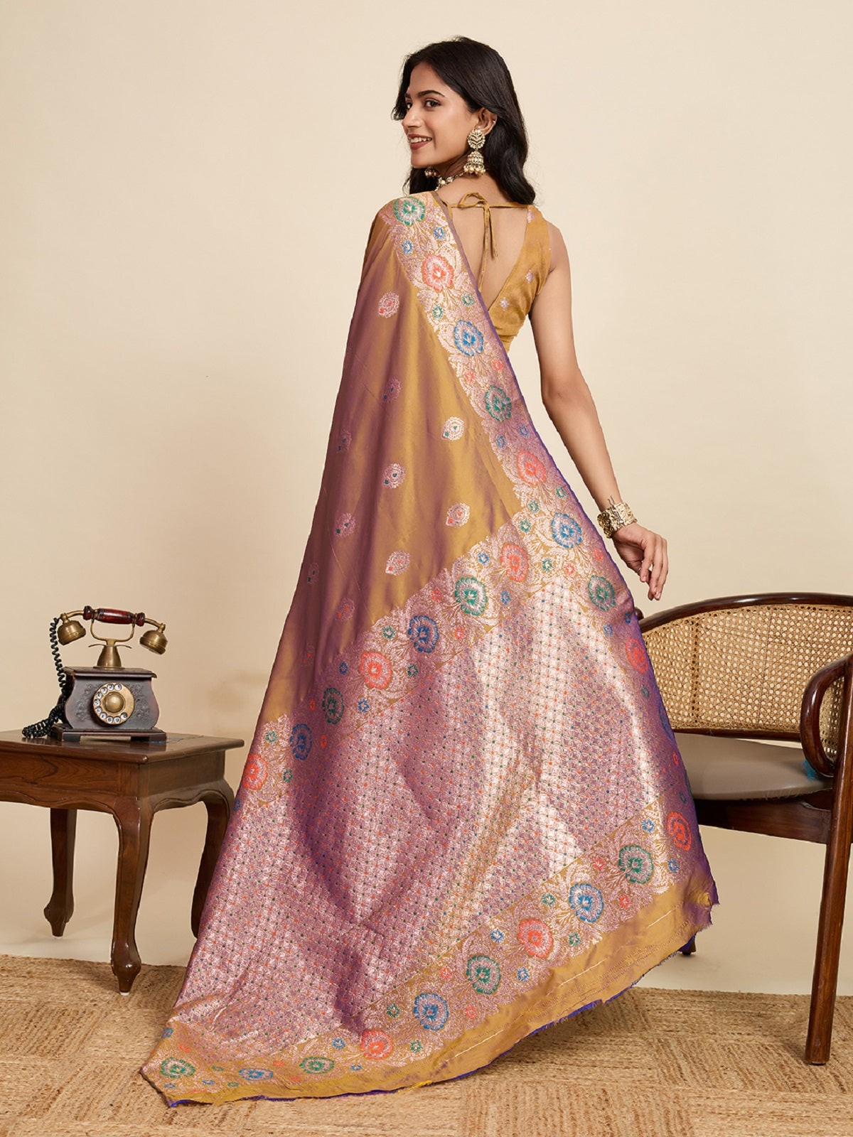 Dwija Fashion Beige Wedding Wear Golden Silver Jari Weaving Work Pure Jacquard Saree With Unstitched Blouse