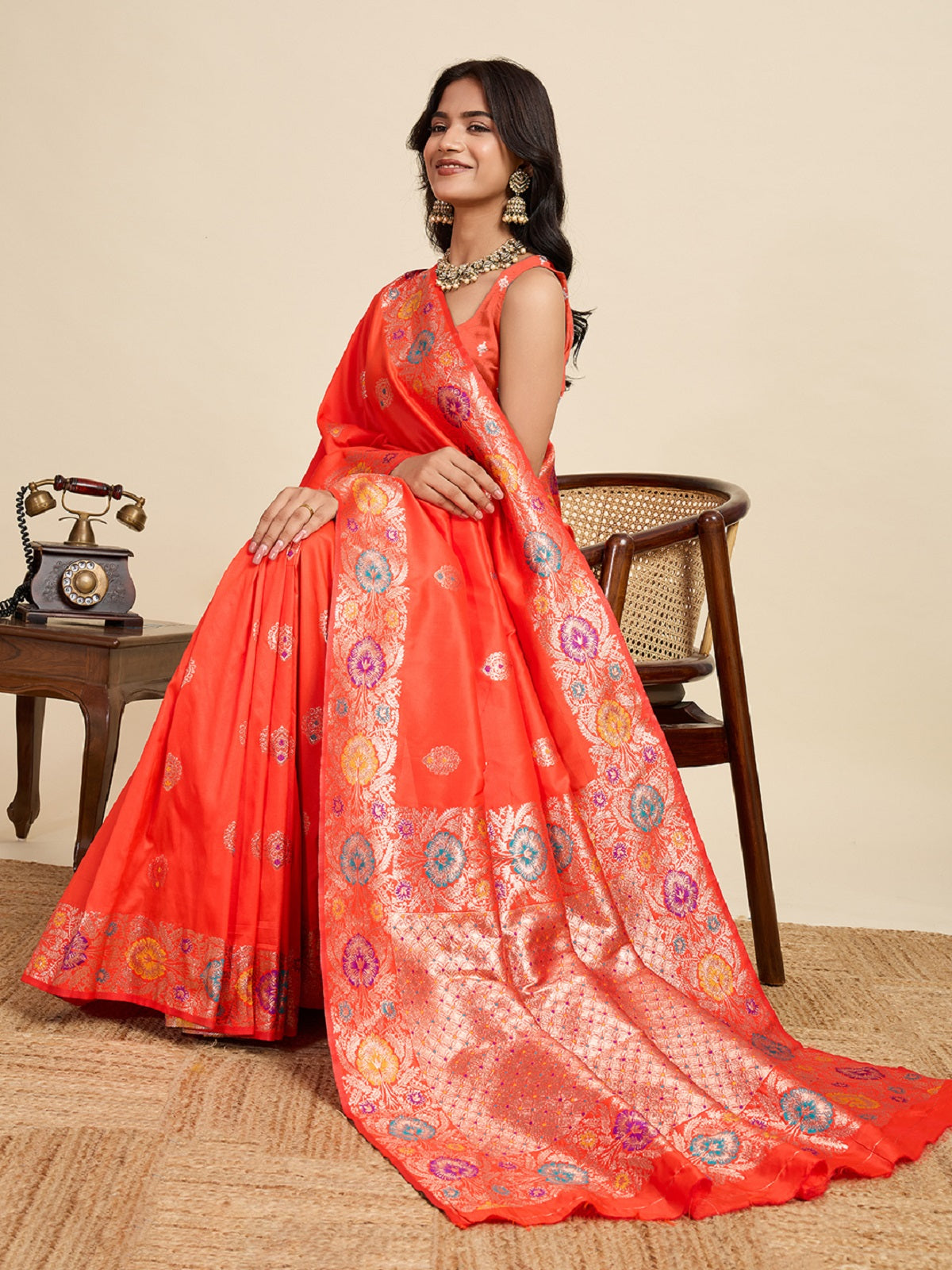 Dwija Fashion Red Wedding Wear Golden Silver Jari Weaving Work Pure Jacquard Saree With Unstitched Blouse