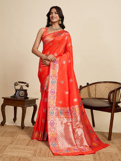 Dwija Fashion Red Wedding Wear Golden Silver Jari Weaving Work Pure Jacquard Saree With Unstitched Blouse