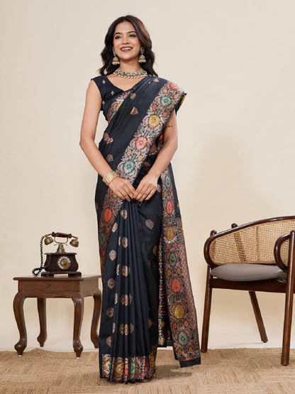 Dwija Fashion Black Wedding Wear Golden Silver Jari Weaving Work Pure Jacquard Saree With Unstitched Blouse