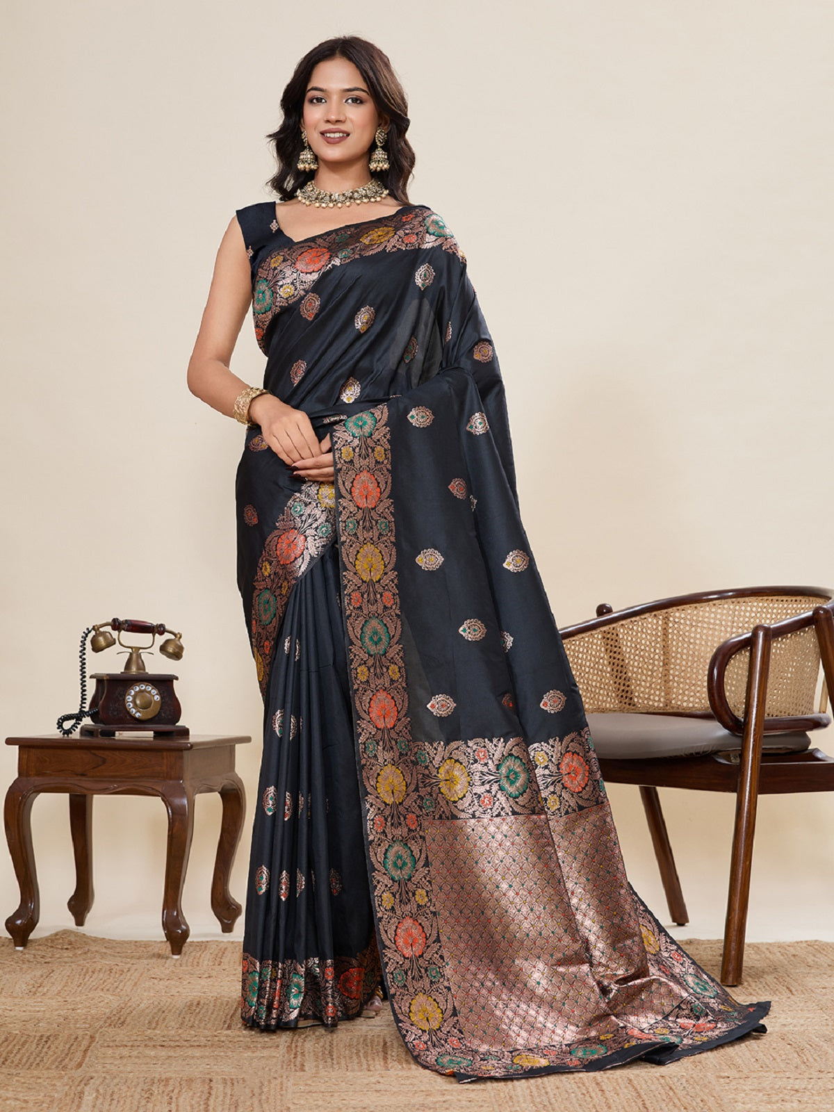 Dwija Fashion Black Wedding Wear Golden Silver Jari Weaving Work Pure Jacquard Saree With Unstitched Blouse