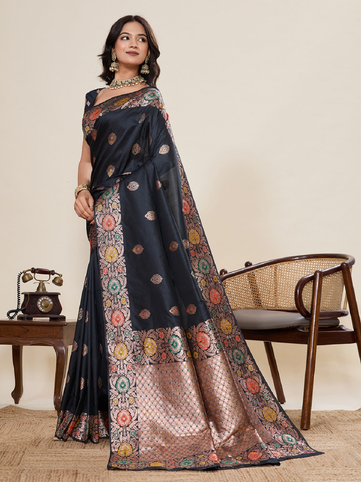 Dwija Fashion Black Wedding Wear Golden Silver Jari Weaving Work Pure Jacquard Saree With Unstitched Blouse